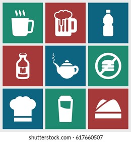 Drink icons set. set of 9 drink filled icons such as mug, drink, teapot, milk, chef hat, bottle, beer