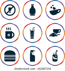Drink icons set. set of 9 drink filled icons such as cleanser, coffee, soda, burger, coffee and croissant, cup with heart, bottle