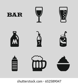 Drink icons set. set of 9 drink filled icons such as milk can, bar, soda, milkshake, soda bottle, wine glass, beer mug