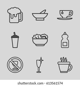 Drink icons set. set of 9 drink outline icons such as bowl, coffee, cleanser, clean wine glass, drink, tea cup, no alcohol, food