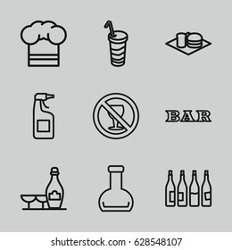 Drink icons set. set of 9 drink outline icons such as bottle, Bar, champagne and wine glasses, cleanser, soda and burger, drink, no alcohol