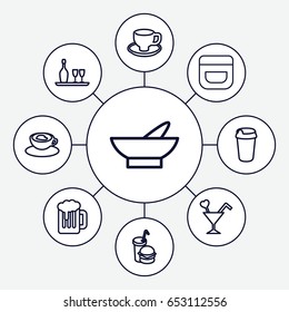 Drink icons set. set of 9 drink outline icons such as bowl, cream, coffee cup, cup with heart, cocktail, wine bottle and glass