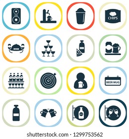 Drink icons set with ale mug, chips, stand of beers placard elements. Isolated vector illustration drink icons.