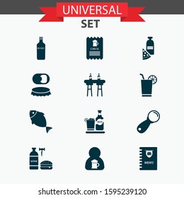 Drink icons set with bar counter, check, burger menu and other restaurant elements. Isolated vector illustration drink icons.