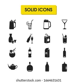 Drink icons set with beer steins, beer mug and sake elements. Set of drink icons and tropical drink concept. Editable vector elements for logo app UI design.