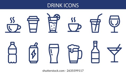 Drink Icons Set – Beverage Vector Icons for Coffee, Tea, Juice, Soda, Alcohol, and More.