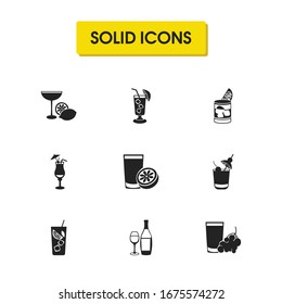 Drink icons set with blue hawAI, white wine and negroni elements. Set of drink icons and martini concept. Editable vector elements for logo app UI design.