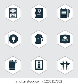 Drink icons set with burger menu, wine in the tab, bar counter and other juice elements. Isolated vector illustration drink icons.