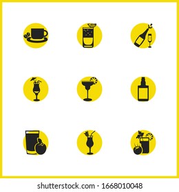 Drink icons set with champagne, bloody mary cocktail and blue hawAI elements. Set of drink icons and margarita cocktail concept. Editable vector elements for logo app UI design.