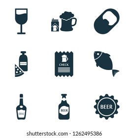 Drink icons set with cognac, check, beer with cigarettes and other menu elements. Isolated vector illustration drink icons.