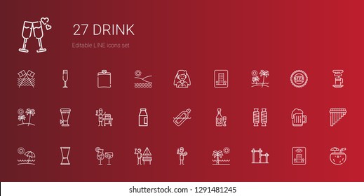 drink icons set. Collection of drink with bar, beach, burguer, german, cocktails, jigger, sweet, wine, bottle, milk, food and restaurant, beer. Editable and scalable drink icons.