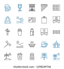 drink icons set. Collection of drink with beach, water tank, coffee, bar, tea, soup, corkscrew, sweet, milk, milkshake, burguer, hip flask. Editable and scalable drink icons.