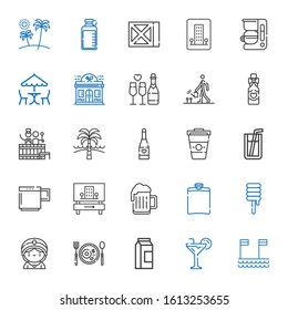 drink icons set. Collection of drink with beach, cocktail, milk, breakfast, seer, sweet, hip flask, beer, hotel, mug, soda, coffee, champagne. Editable and scalable drink icons.