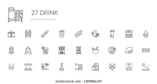 drink icons set. Collection of drink with bikini, milk, beach, love potion, food, cocktail, phone box, hotel, vodka, bride, water tank, beer. Editable and scalable drink icons.