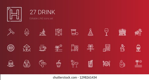 drink icons set. Collection of drink with breakfast, soda, cocktails, beans, bride, burger, coffee, beach, tea, picnic, bottle cap, wine glass. Editable and scalable drink icons.