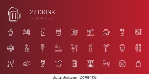 drink icons set. Collection of drink with cocktails, hotel, soft drink, coconut, wine glass, sweet, cheers, cocktail, whipped cream, beach. Editable and scalable icons.