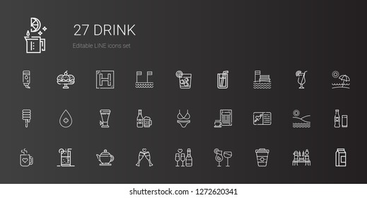 drink icons set. Collection of drink with coffee, cocktails, champagne, toast, teapot, soft drink, mug, wedding invitation, bikini, beer, alcohol. Editable and scalable drink icons.