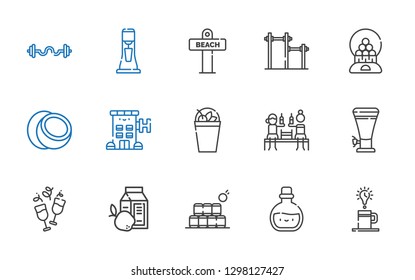 drink icons set. Collection of drink with coffee, potion, bottles, breakfast, wine, beer, milkshake, hotel, coconut, candy machine, bar, beach. Editable and scalable drink icons.