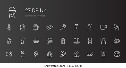 drink icons set. Collection of drink with cup, bride, food and restaurant, wine, milkshake, sweets, water dispenser, beach, barrel, german. Editable and scalable drink icons.