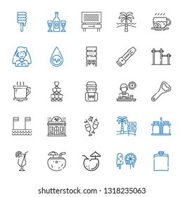 drink icons set. Collection of drink with hip flask, sweets, coconut, cocktail, milk jar, beach, wine, restaurant, bottle opener, breakfast. Editable and scalable drink icons.
