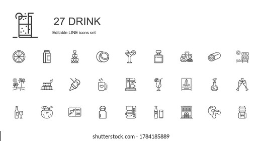 drink icons set. Collection of drink with hotel, beverage, coffee maker, milk, wedding invitation, coconut, wine bottle, beach, cocktail, mug. Editable and scalable drink icons.