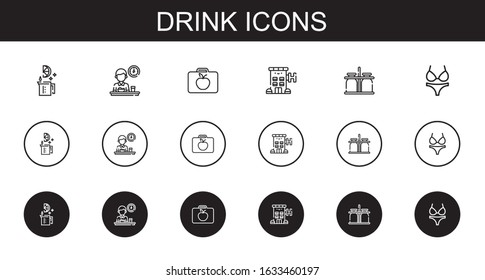 drink icons set. Collection of drink with lime, breakfast, lunchbox, hotel, milk jar, bikini. Editable and scalable drink icons.