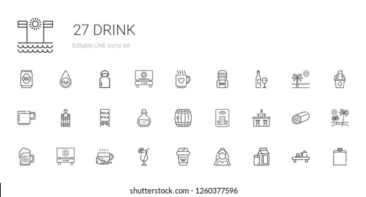 Drink Icons Set. Collection Of Drink With Milk, Bride, Coffee, Cocktail, Beach, Beer, Bar, Hotel, Barrel, Potion, Water Dispenser, Mug, Wine Bottle. Editable And Scalable Drink Icons.