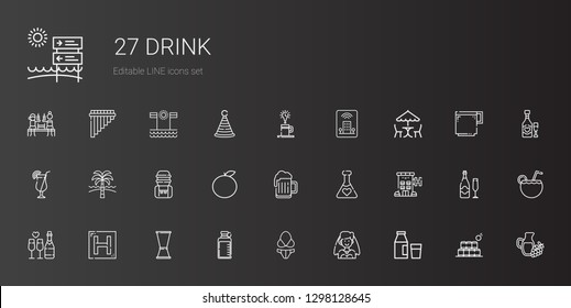 drink icons set. Collection of drink with milk, bride, bikini, bottle, jigger, hotel, champagne, potion, beer, orange, water tank, beach, cocktail. Editable and scalable drink icons.