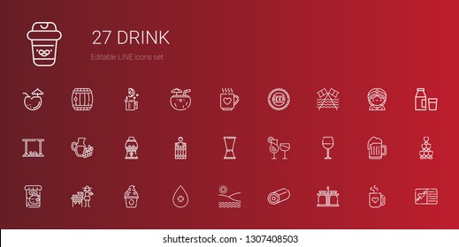 drink icons set. Collection of drink with milk jar, sweet, beach, alcohol, frozen yogurt, lemonade, fish food, wine glass, cocktails, jigger. Editable and scalable drink icons.