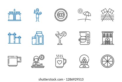 drink icons set. Collection of drink with orange, candy machine, breakfast, mug, hotel, coffee maker, cocktail, milk, bar, beach, bottle cap. Editable and scalable drink icons.