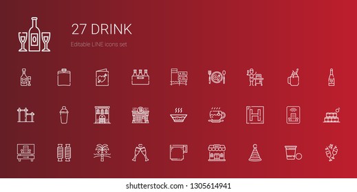 drink icons set. Collection of drink with party hat, bar, coffee cup, toast, beach, sweet, hotel, tea, soup, pub, shaker, food and restaurant. Editable and scalable drink icons.