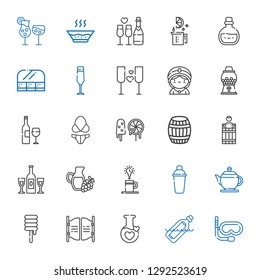 drink icons set. Collection of drink with snorkel, bottle, potion, bar, sweet, teapot, shaker, coffee, wine, champagne, barrel, sweets, bikini. Editable and scalable drink icons.