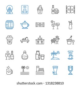 drink icons set. Collection of drink with wine glass, beer, beach, mug, coffee cup, milk, potion, champagne, lemonade, bar, tea, coffee, whipped cream. Editable and scalable drink icons.