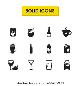 Drink icons set with energy drink bottle, brandy, cocktail glass elements. Set of drink icons and cabernet concept. Editable vector elements for logo app UI design.