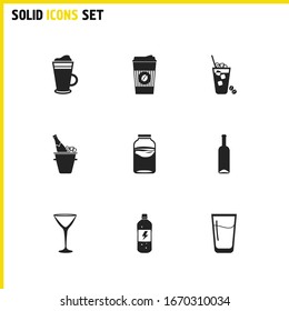 Drink icons set with energy drink bottle, take away coffee and kambucha elements. Set of drink icons and energetic container concept. Editable vector elements for logo app UI design.