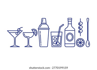 Drink icons set featuring shaker bottle martini glass citrus garnish olives stirrer and tumbler with ice cubes for beverage design.