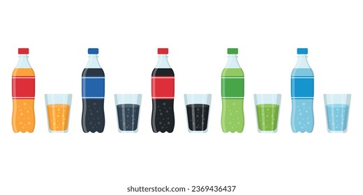 Drink icons set in flat style. Plastic bottle and glass vector illustration on isolated background. Water beverage sign business concept.