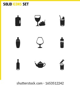 Drink icons set with fresh juice, smoothie and wine bottle elements. Set of drink icons and teapot concept. Editable vector elements for logo app UI design.