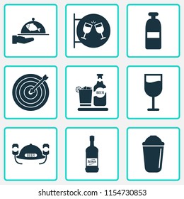 Drink icons set with glass of wine, spacing, beer helmet and other whiskey elements. Isolated vector illustration drink icons.