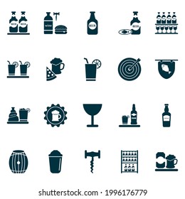 Drink icons set with glassware, darts, beer bottle and other lemonade elements. Isolated vector illustration drink icons.
