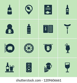 Drink icons set with hanging banner, pub book, sausage and other cafe elements. Isolated vector illustration drink icons.