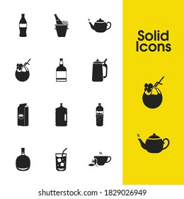 Drink icons set with large milk box, beer steins and whiskey bottle elements. Set of drink icons and teapot concept. Editable vector elements for logo app UI design.