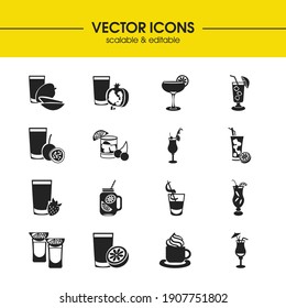 Drink icons set with mango juice, tequila sunrise cocktail and pineapple juice elements. Set of drink icons and delicious concept. Editable vector elements for logo app UI design.