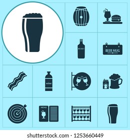 Drink icons set with drink menu, beer with cigarettes, bottle of wine and other cabernet elements. Isolated vector illustration drink icons.