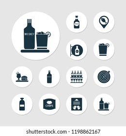 Drink icons set with menu, darts, geolocation and other whiskey elements. Isolated vector illustration drink icons.