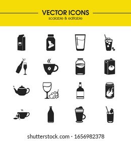 Drink icons set with mocha, large milk box and green tea elements. Set of drink icons and medicine concept. Editable vector elements for logo app UI design.