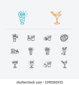 Drink icons set. Pina colada and drink icons with tequila sunrise, pomegranate juice and beer steins. Set of whiskey for web app logo UI design.