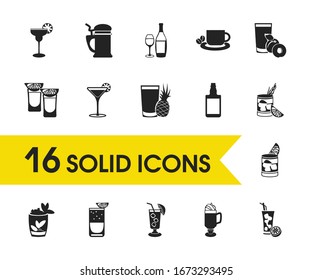 Drink icons set with rum, tequila sunrise cocktail and white wine elements. Set of drink icons and draught concept. Editable vector elements for logo app UI design.