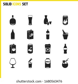 Drink icons set with sake, tomato juice and cognac glass elements. Set of drink icons and vitamin concept. Editable vector elements for logo app UI design.