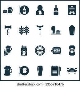Drink icons set with sausage, wheat, barrel of beer and other nutrition elements. Isolated vector illustration drink icons.